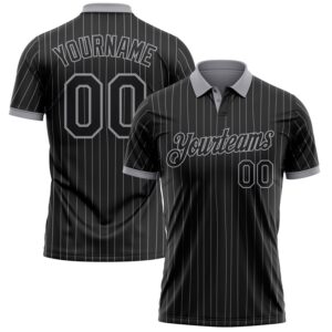 Custom Black Gray Pinstripe-Gray Performance Polo Shirt